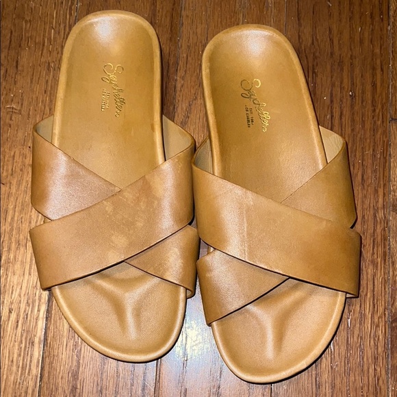 Seychelles Tan Leather Lighthearted Slide Sandals with Criss-Cross Straps - Picture 2 of 7